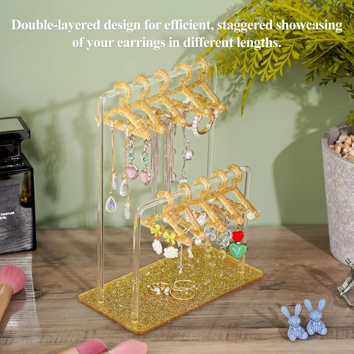 NiHome Glitter Acrylic Earring Holder with Unique Double-Tier Design, Miniature Clothing Hangers with Spacious Storage for 48 Pairs, Mirror-Finish Display for Home Vanity, Retail Showrooms (Gold)