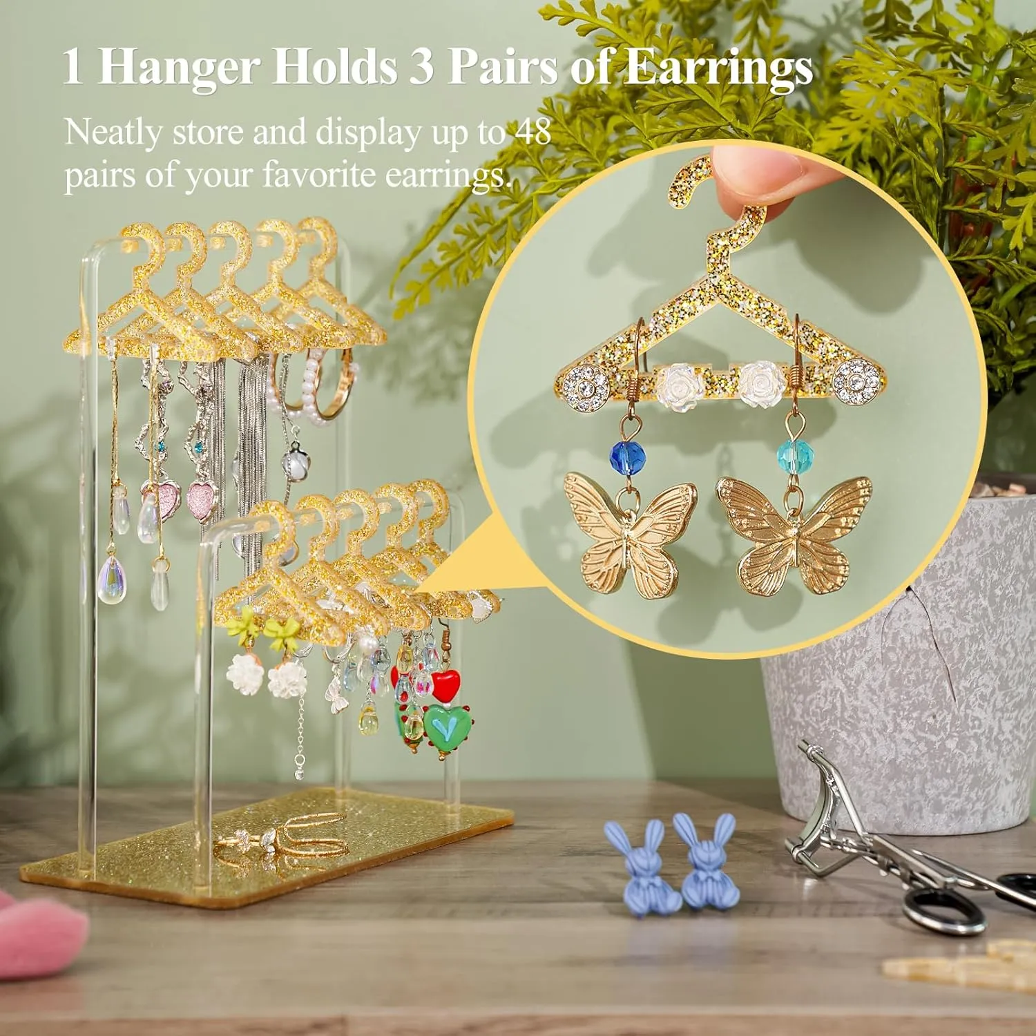NiHome Glitter Acrylic Earring Holder with Unique Double-Tier Design, Miniature Clothing Hangers with Spacious Storage for 48 Pairs, Mirror-Finish Display for Home Vanity, Retail Showrooms (Gold)