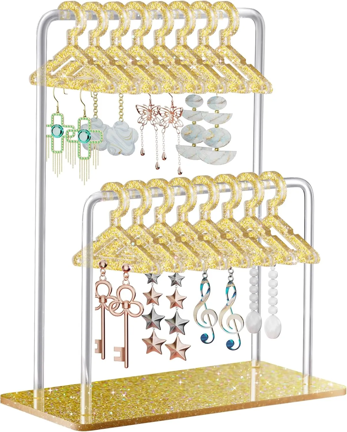 NiHome Glitter Acrylic Earring Holder with Unique Double-Tier Design, Miniature Clothing Hangers with Spacious Storage for 48 Pairs, Mirror-Finish Display for Home Vanity, Retail Showrooms (Gold)