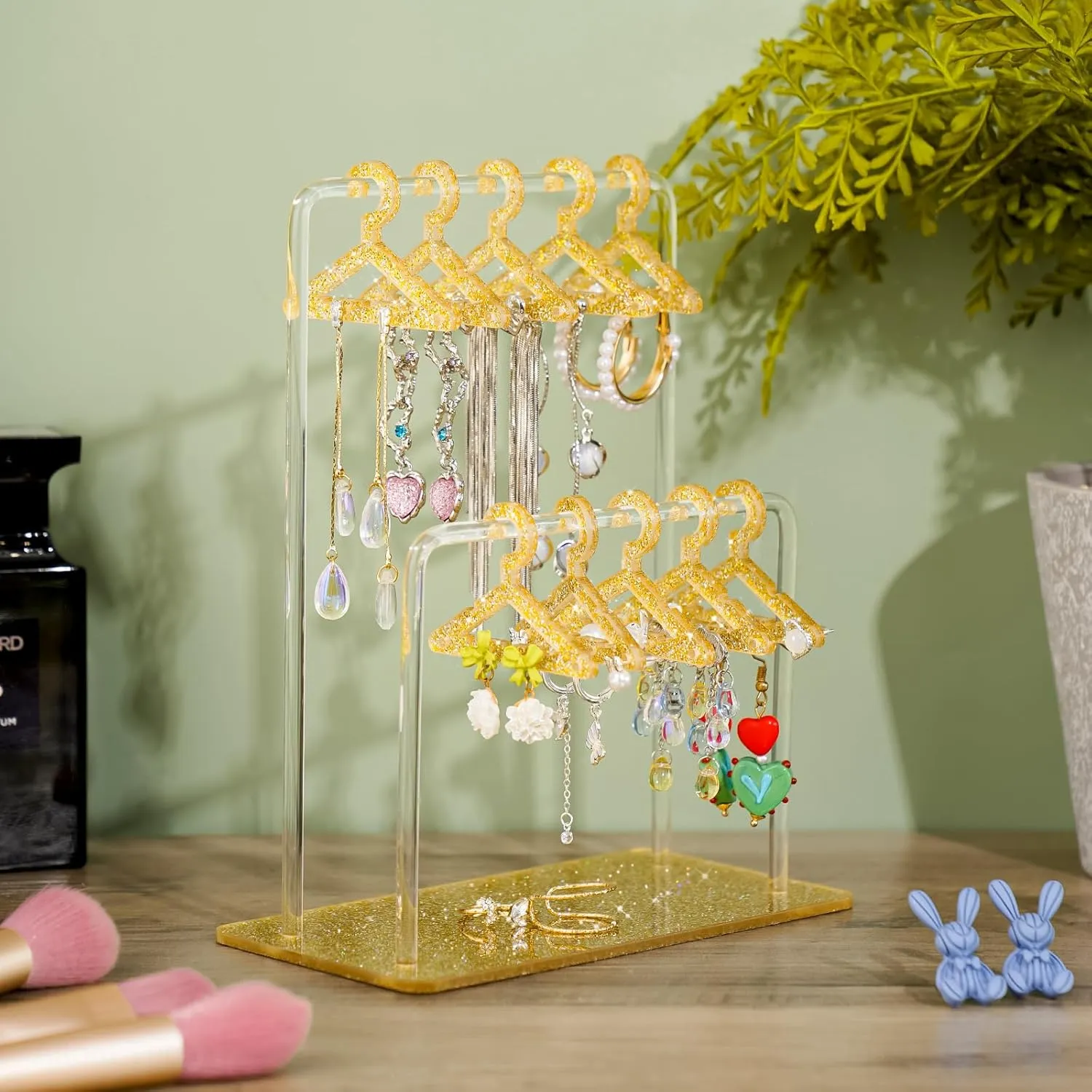 NiHome Glitter Acrylic Earring Holder with Unique Double-Tier Design, Miniature Clothing Hangers with Spacious Storage for 48 Pairs, Mirror-Finish Display for Home Vanity, Retail Showrooms (Gold)