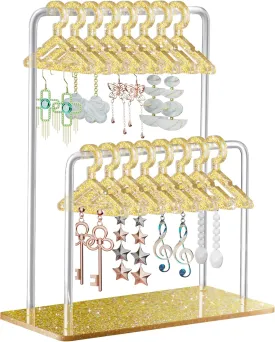 NiHome Glitter Acrylic Earring Holder with Unique Double-Tier Design, Miniature Clothing Hangers with Spacious Storage for 48 Pairs, Mirror-Finish Display for Home Vanity, Retail Showrooms (Gold)