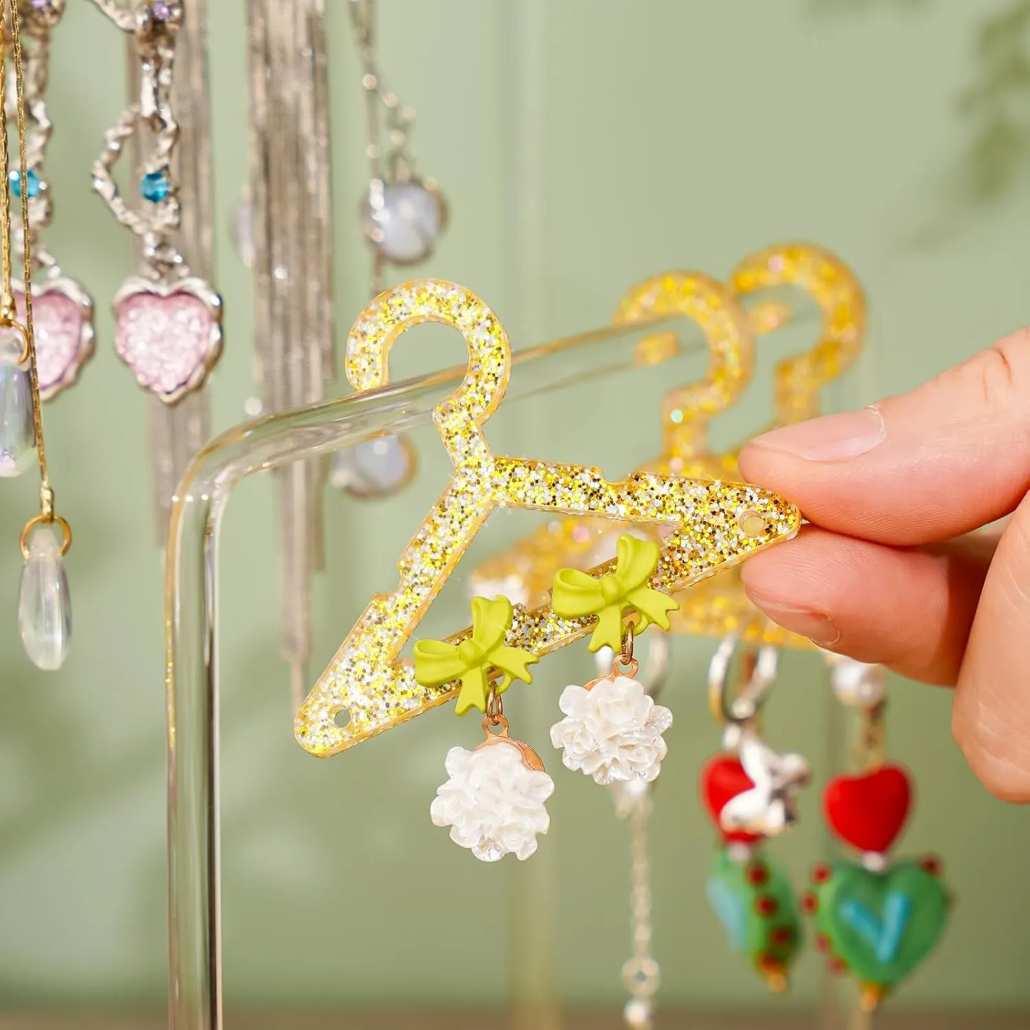 NiHome Glitter Acrylic Earring Holder with Unique Double-Tier Design, Miniature Clothing Hangers with Spacious Storage for 48 Pairs, Mirror-Finish Display for Home Vanity, Retail Showrooms (Gold)