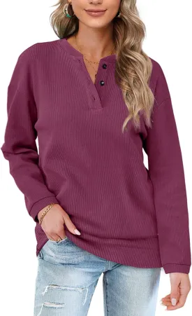 OFEEFAN Womens Casual Sweatshirts Henley Button Up Long Sleeve Tunic Tops