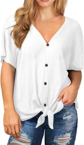 OLRIK Womens Plus Size Tops Short Sleeve V Neck Waffle Knit Tunic Blouse Tie Front Button Up T Shirts