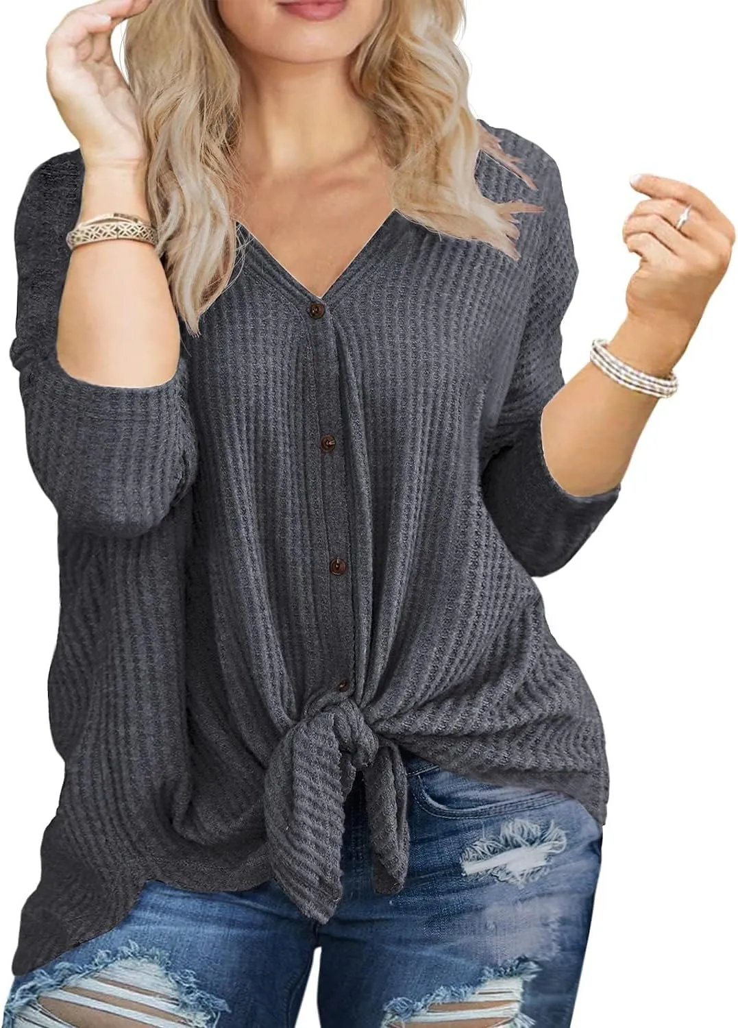 OLRIK Womens Plus Size Tops V Neck Tie Front Blouse Button Up Long Sleeve Waffle Knit Tunic T Shirts