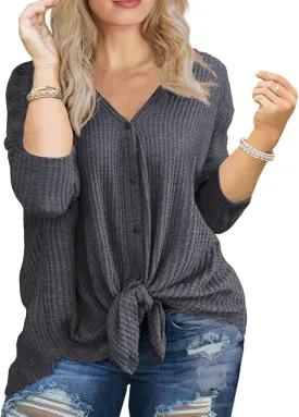 OLRIK Womens Plus Size Tops V Neck Tie Front Blouse Button Up Long Sleeve Waffle Knit Tunic T Shirts