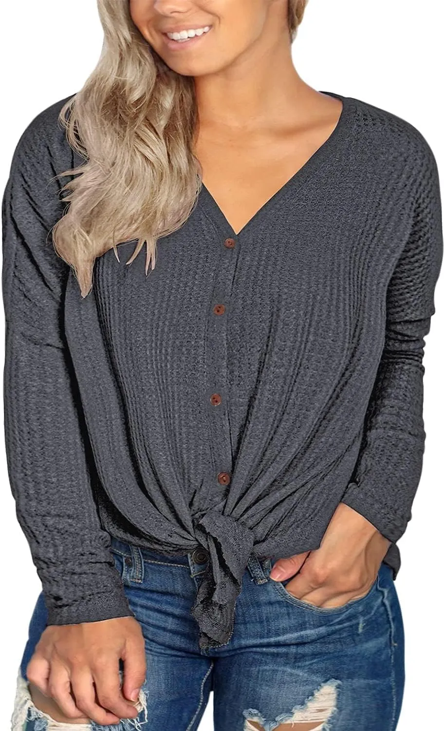 OLRIK Womens Plus Size Tops V Neck Tie Front Blouse Button Up Long Sleeve Waffle Knit Tunic T Shirts