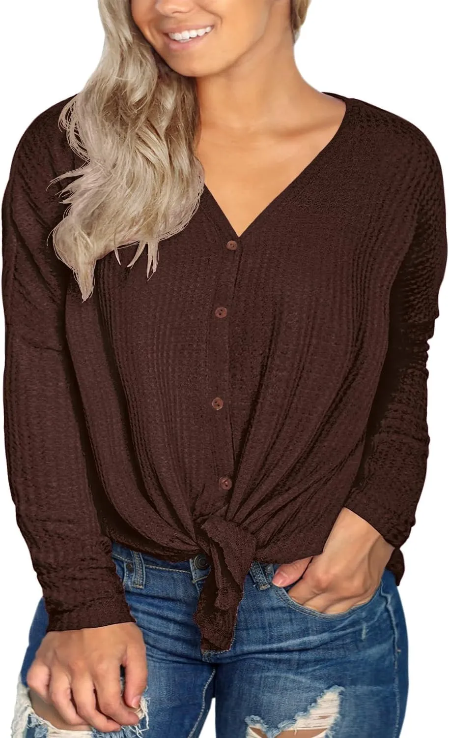 OLRIK Womens Plus Size Tops V Neck Tie Front Blouse Button Up Long Sleeve Waffle Knit Tunic T Shirts