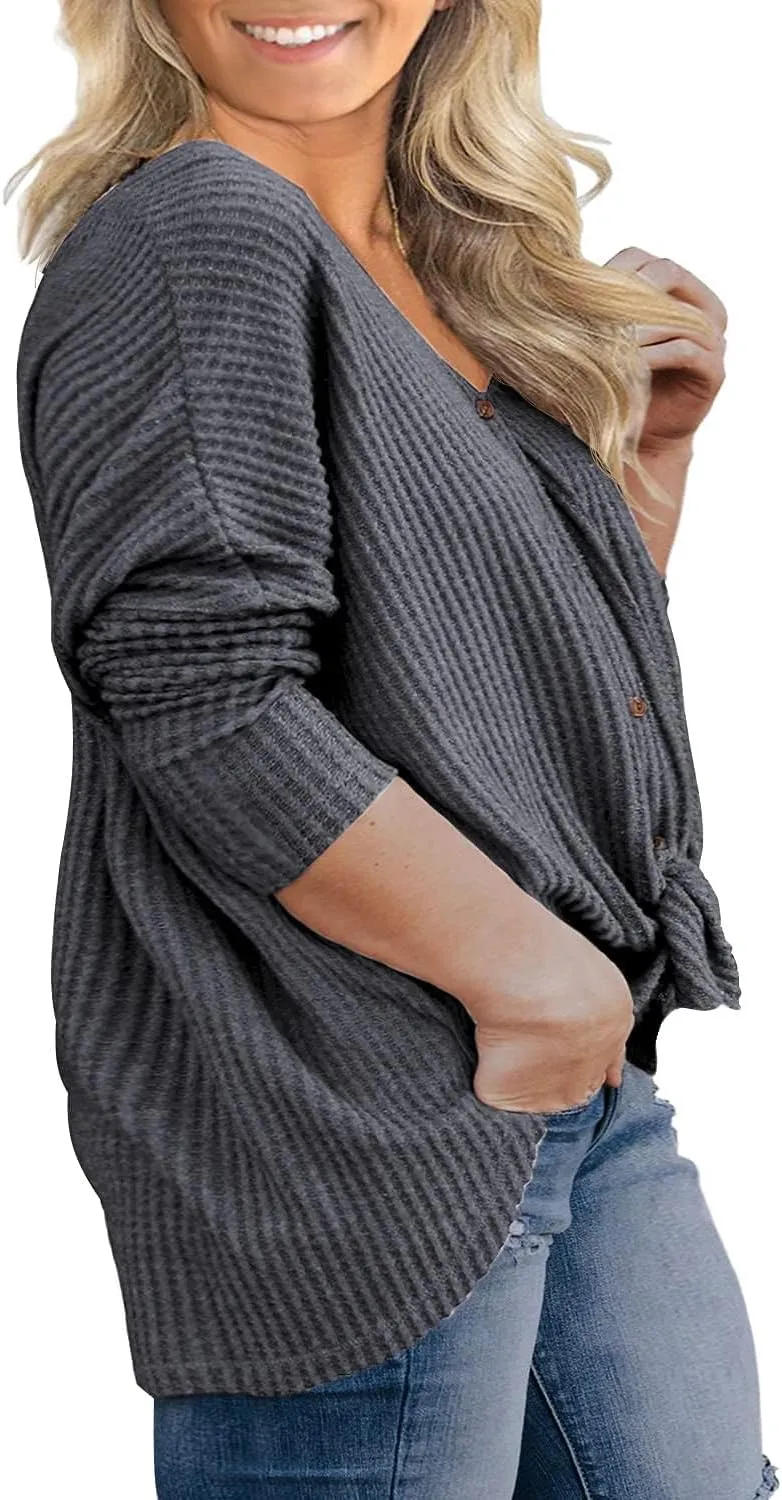 OLRIK Womens Plus Size Tops V Neck Tie Front Blouse Button Up Long Sleeve Waffle Knit Tunic T Shirts