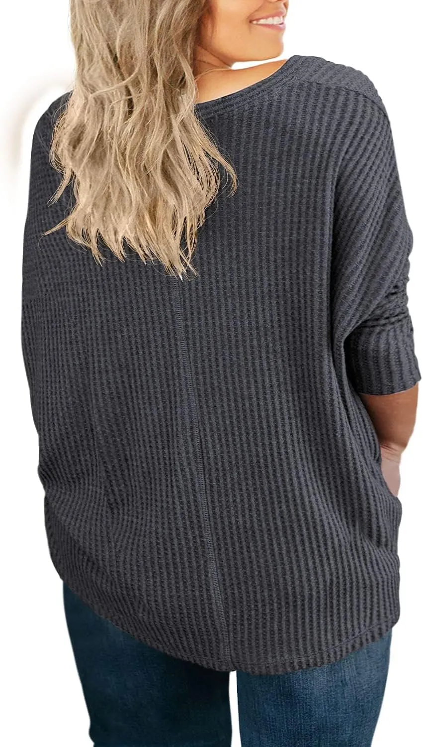 OLRIK Womens Plus Size Tops V Neck Tie Front Blouse Button Up Long Sleeve Waffle Knit Tunic T Shirts