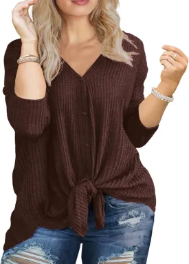 OLRIK Womens Plus Size Tops V Neck Tie Front Blouse Button Up Long Sleeve Waffle Knit Tunic T Shirts