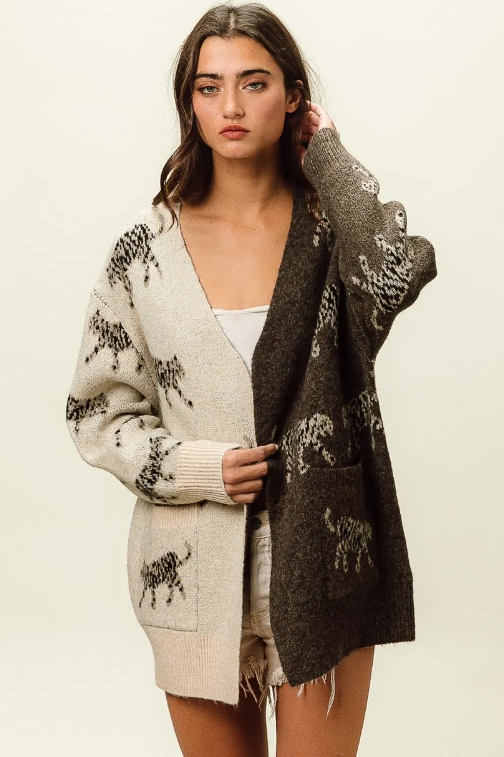 Open Front Long Sleeve Contrast Animal Print Cardigan