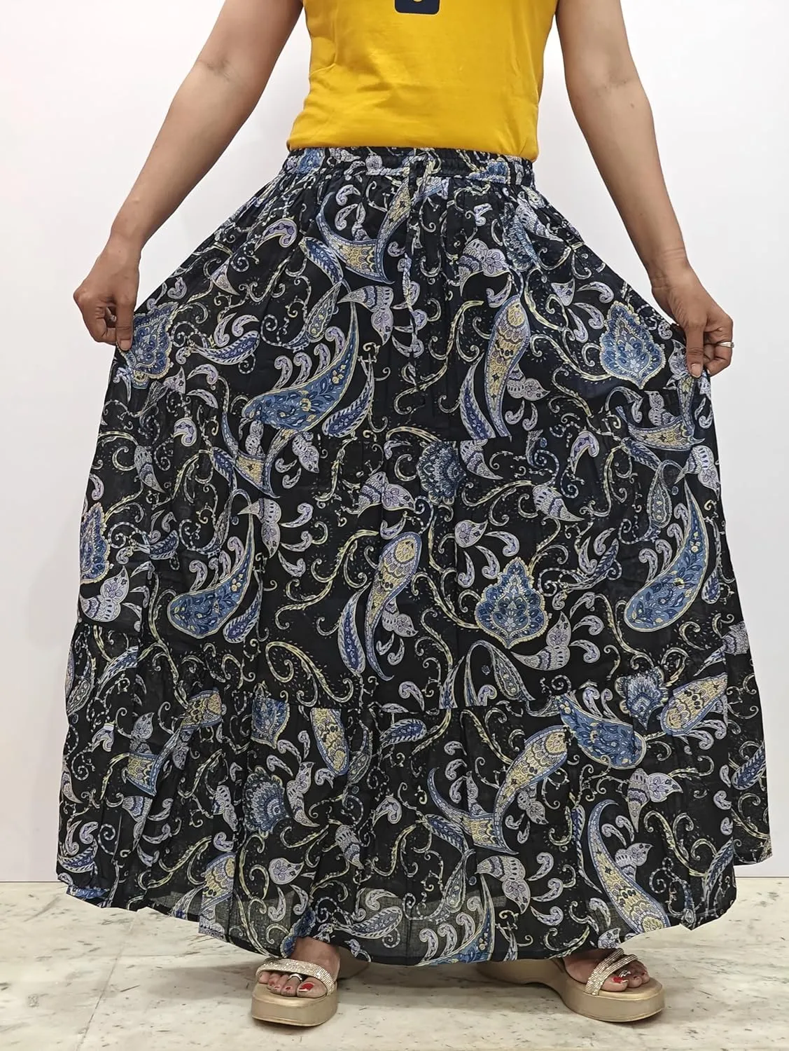 Rastogi Handicrafts Women's Boho Maxi Skirt, Paisley Floral Print, Geometric Pattern, Waist, Long Flowy Design
