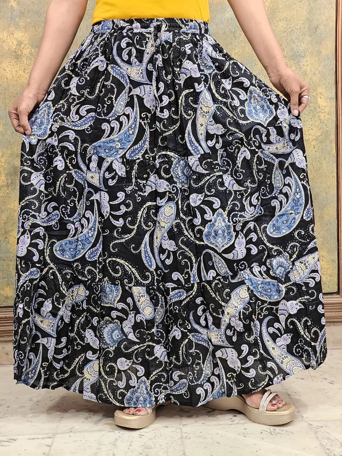 Rastogi Handicrafts Women's Boho Maxi Skirt, Paisley Floral Print, Geometric Pattern, Waist, Long Flowy Design