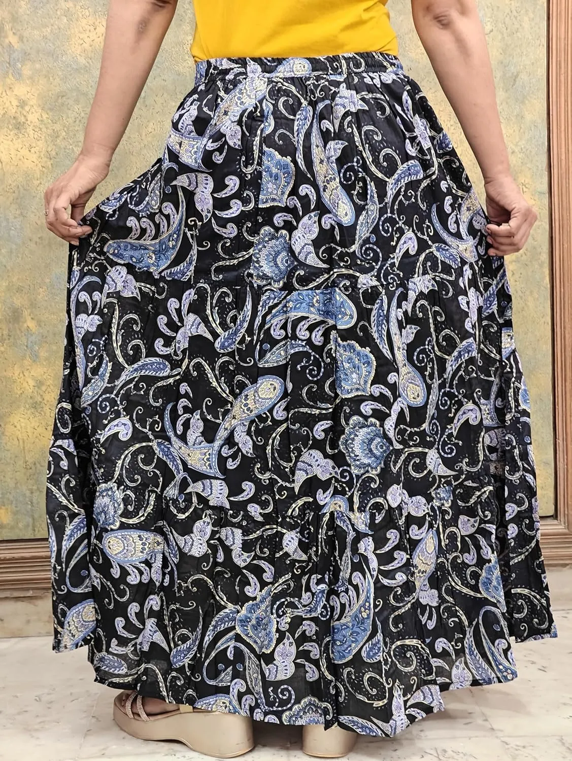 Rastogi Handicrafts Women's Boho Maxi Skirt, Paisley Floral Print, Geometric Pattern, Waist, Long Flowy Design