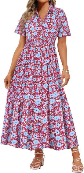 RITERA Plus Size Short Sleeve Dress for Curvy Women Button Up Floral Flowy Summer Casual Maxi Dresses with Pockets XL-5XL