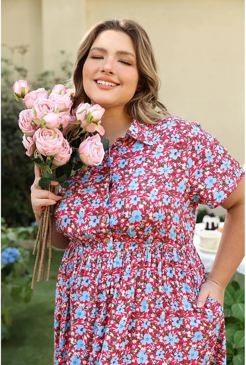 RITERA Plus Size Short Sleeve Dress for Curvy Women Button Up Floral Flowy Summer Casual Maxi Dresses with Pockets XL-5XL