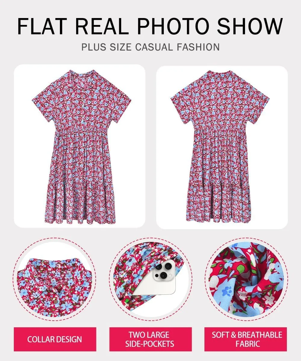 RITERA Plus Size Short Sleeve Dress for Curvy Women Button Up Floral Flowy Summer Casual Maxi Dresses with Pockets XL-5XL