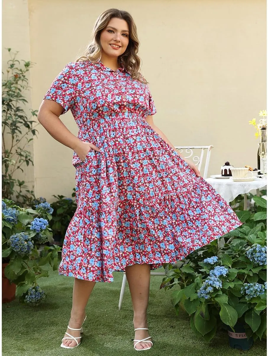 RITERA Plus Size Short Sleeve Dress for Curvy Women Button Up Floral Flowy Summer Casual Maxi Dresses with Pockets XL-5XL