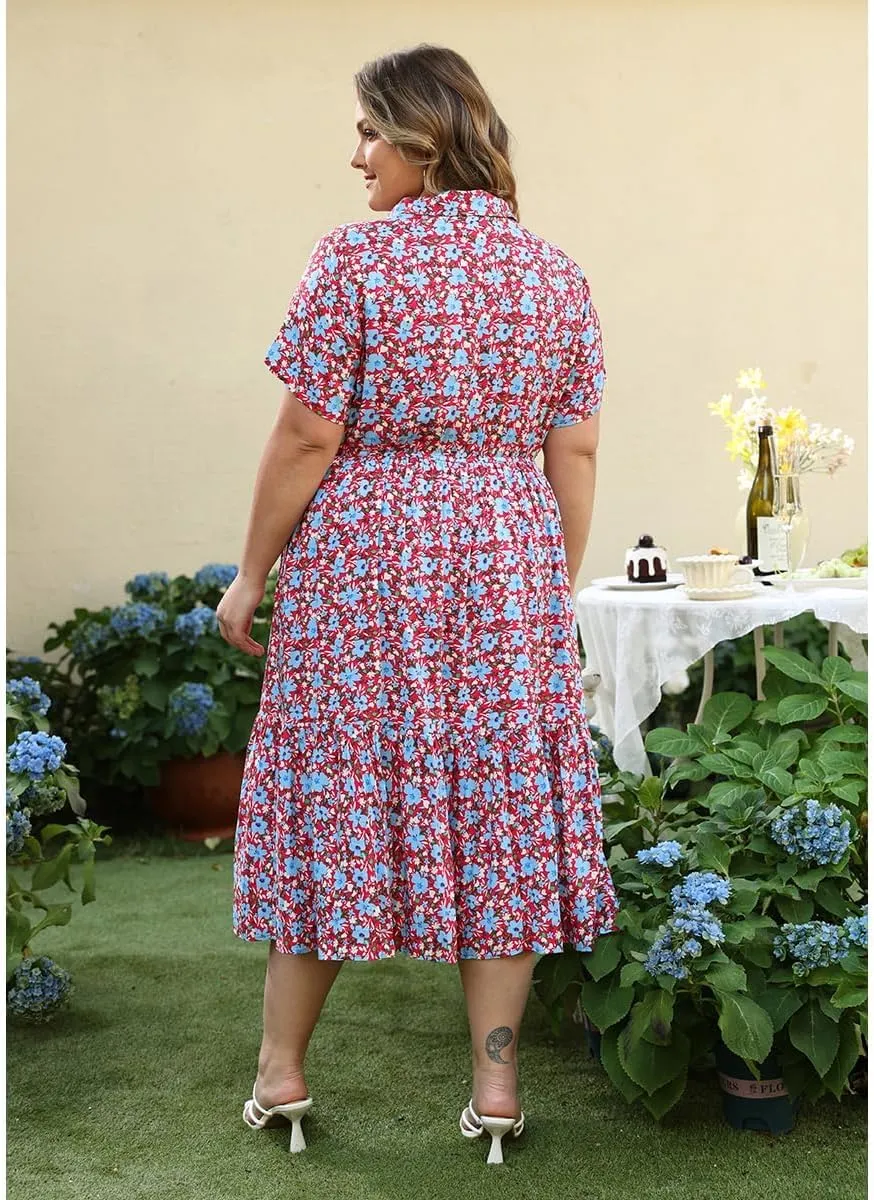 RITERA Plus Size Short Sleeve Dress for Curvy Women Button Up Floral Flowy Summer Casual Maxi Dresses with Pockets XL-5XL