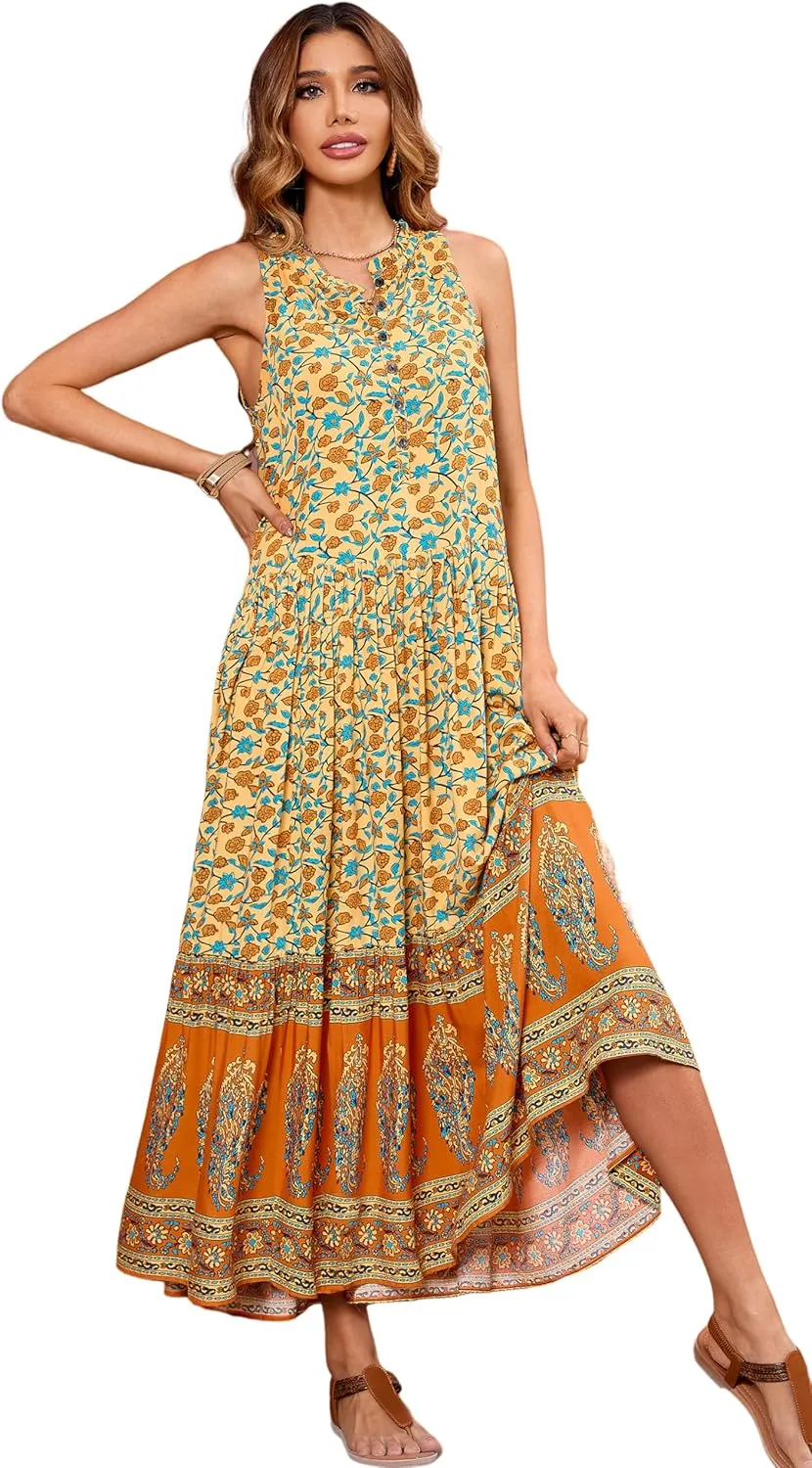 R.Vivimos Women's Summer Sleeveless Floral Print Button Up Bohemian Flowy Maxi Dresses