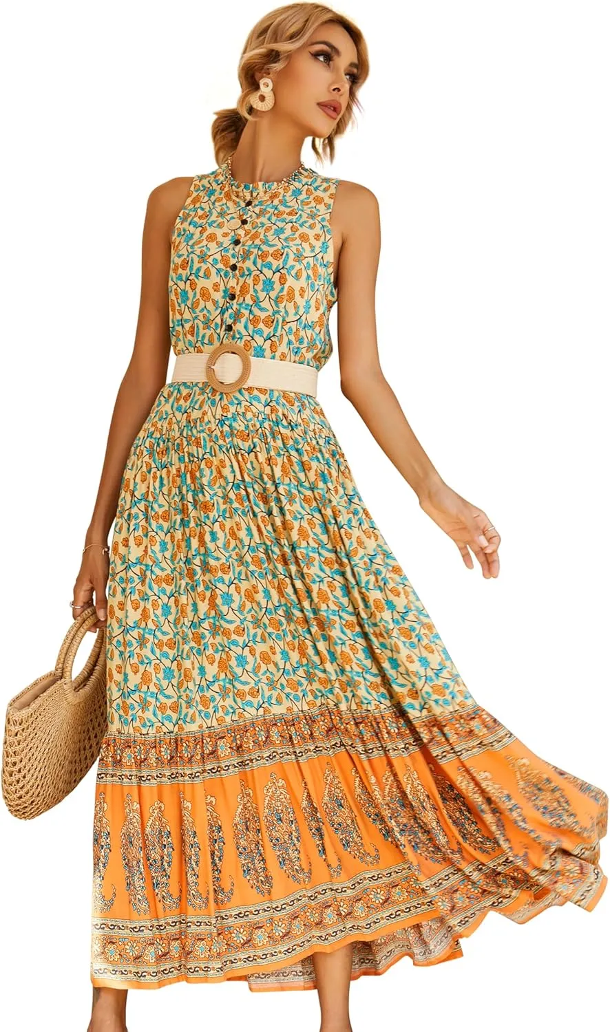 R.Vivimos Women's Summer Sleeveless Floral Print Button Up Bohemian Flowy Maxi Dresses