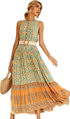 R.Vivimos Women's Summer Sleeveless Floral Print Button Up Bohemian Flowy Maxi Dresses
