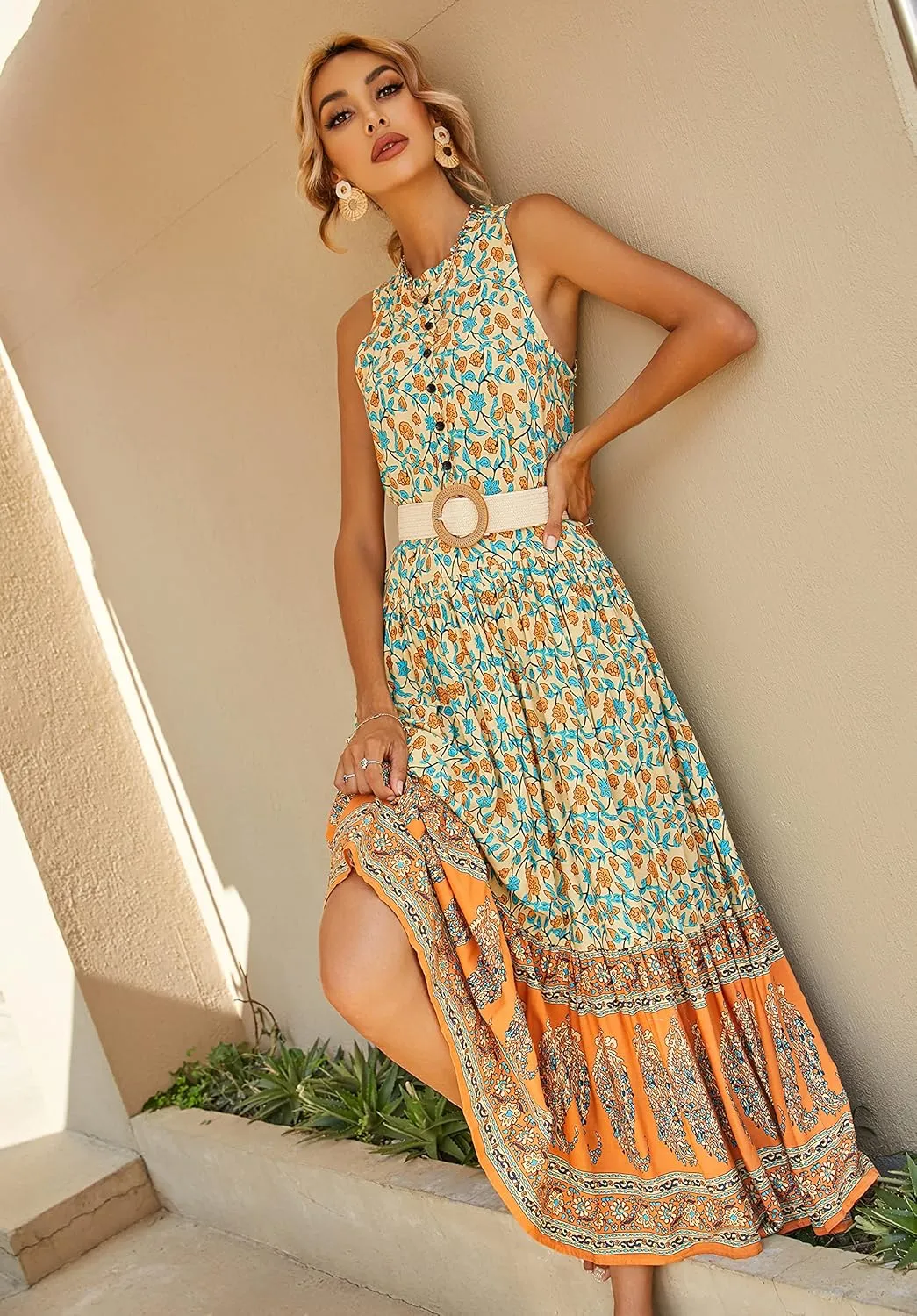 R.Vivimos Women's Summer Sleeveless Floral Print Button Up Bohemian Flowy Maxi Dresses