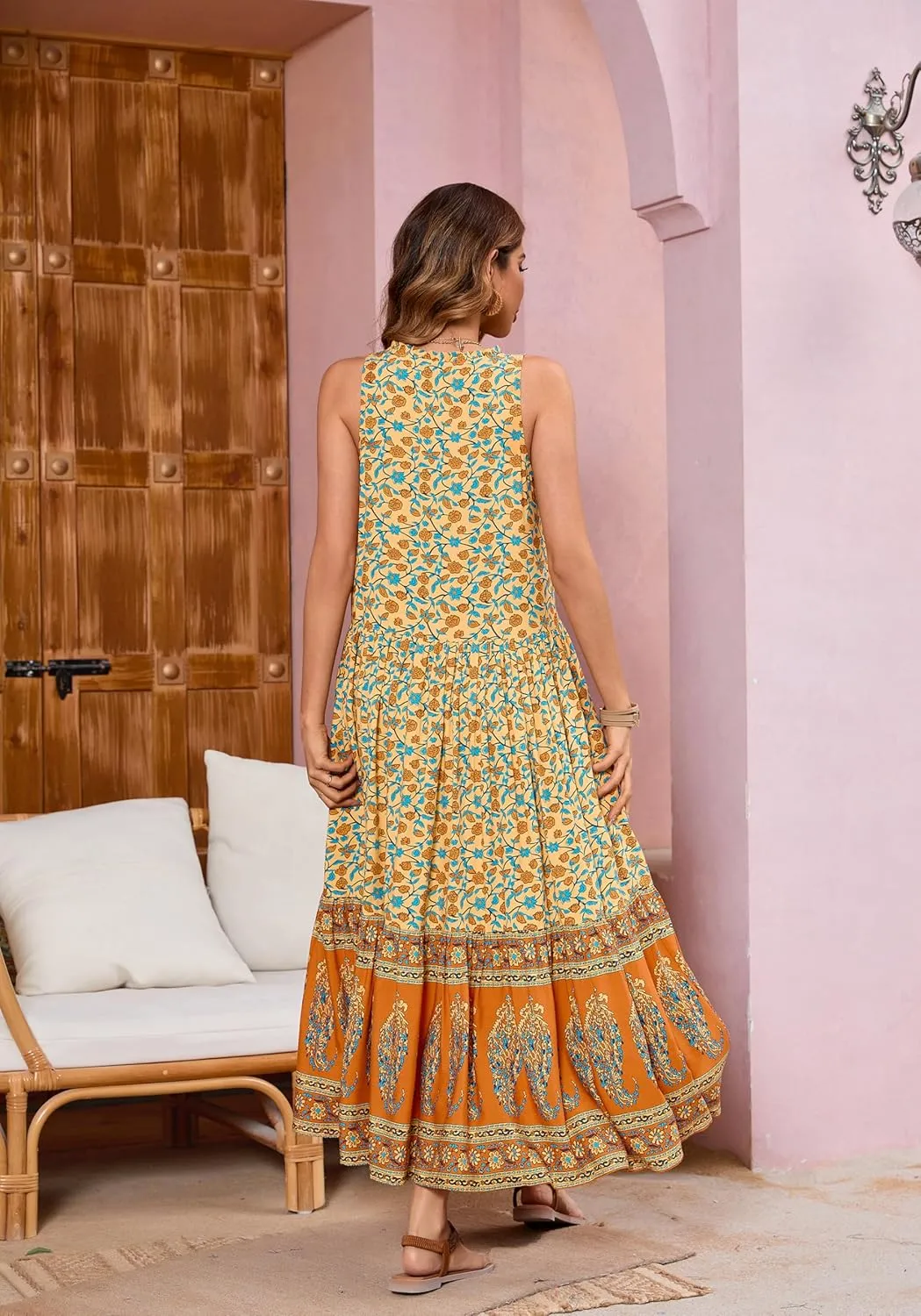 R.Vivimos Women's Summer Sleeveless Floral Print Button Up Bohemian Flowy Maxi Dresses