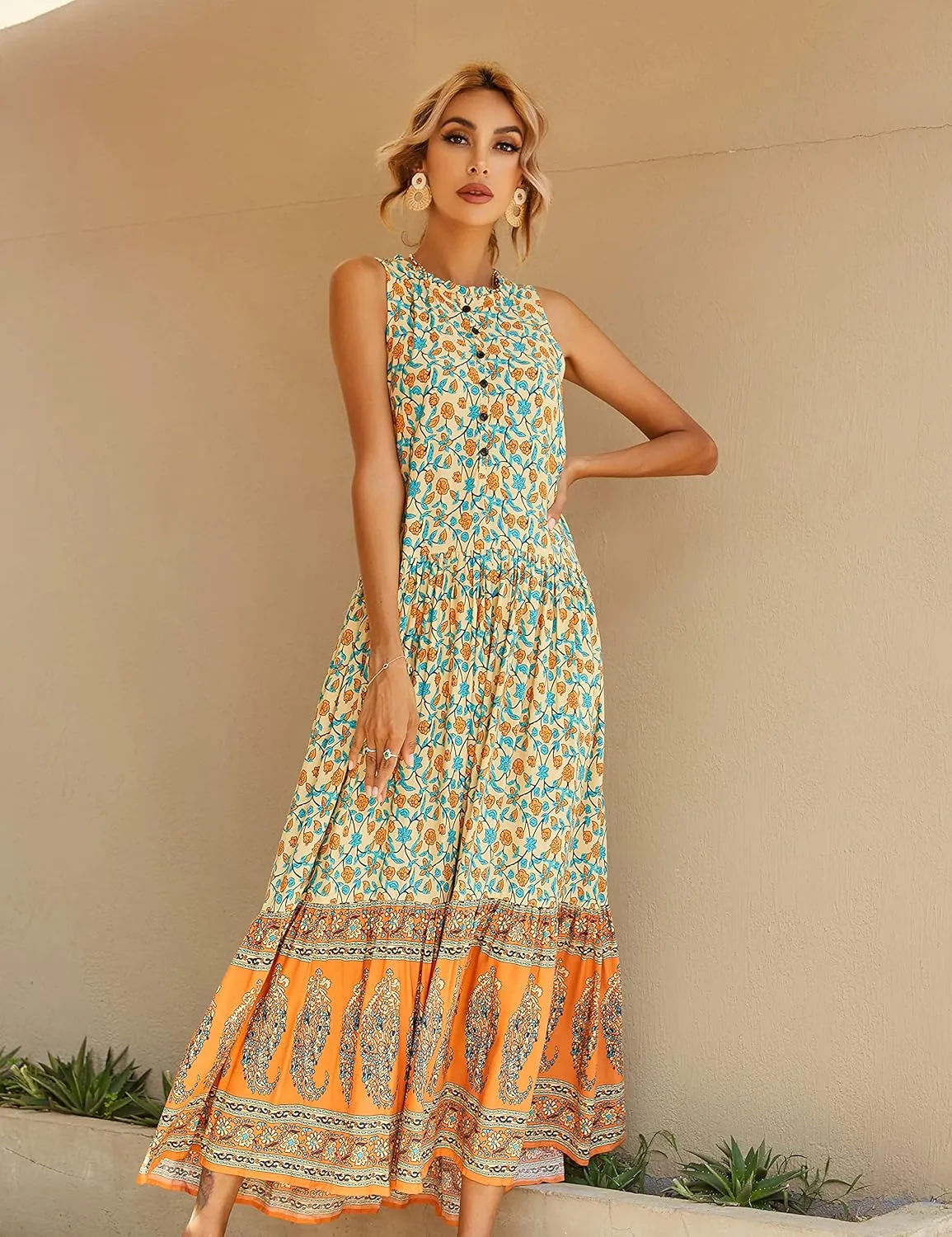 R.Vivimos Women's Summer Sleeveless Floral Print Button Up Bohemian Flowy Maxi Dresses