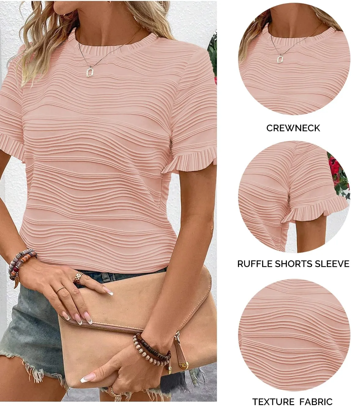 Samefar Womens Crewneck Texture Ruffle Shorts Sleeve Shirts Casual Loose Flowy Tee Tops Blouses Fashion Outfits Trendy