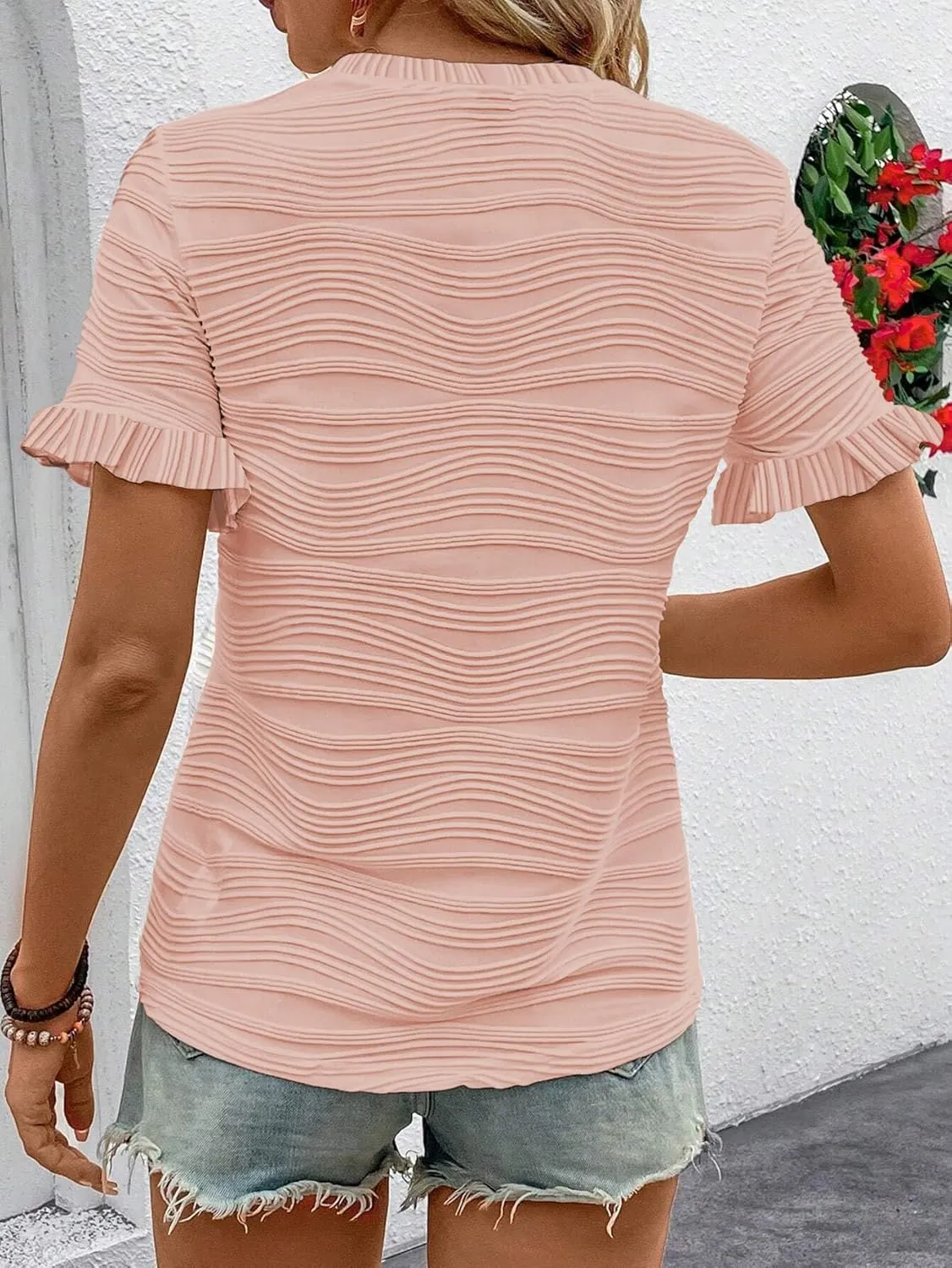 Samefar Womens Crewneck Texture Ruffle Shorts Sleeve Shirts Casual Loose Flowy Tee Tops Blouses Fashion Outfits Trendy