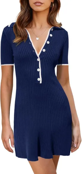 Saodimallsu Womens V Neck Short Sleeve Slim Fit Bodycon Sweater Dress Button Up Ribbed Knit Mini Summer Dresses