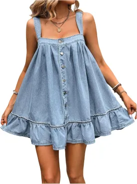 SHENHE Women's Ruffle Hem Denim Mini Dress Sleeveless Button Up Flowy Jean Tank Dresses