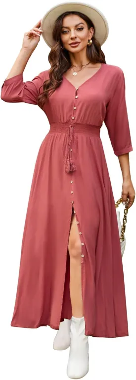 Summer Floral Print Maxi Dress Women Button Up Split Long Flowy Bohemian Beach Party Dresses