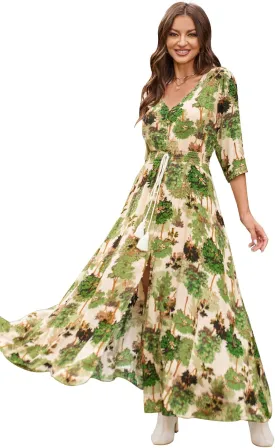 Summer Floral Print Maxi Dress Women Button Up Split Long Flowy Bohemian Beach Party Dresses