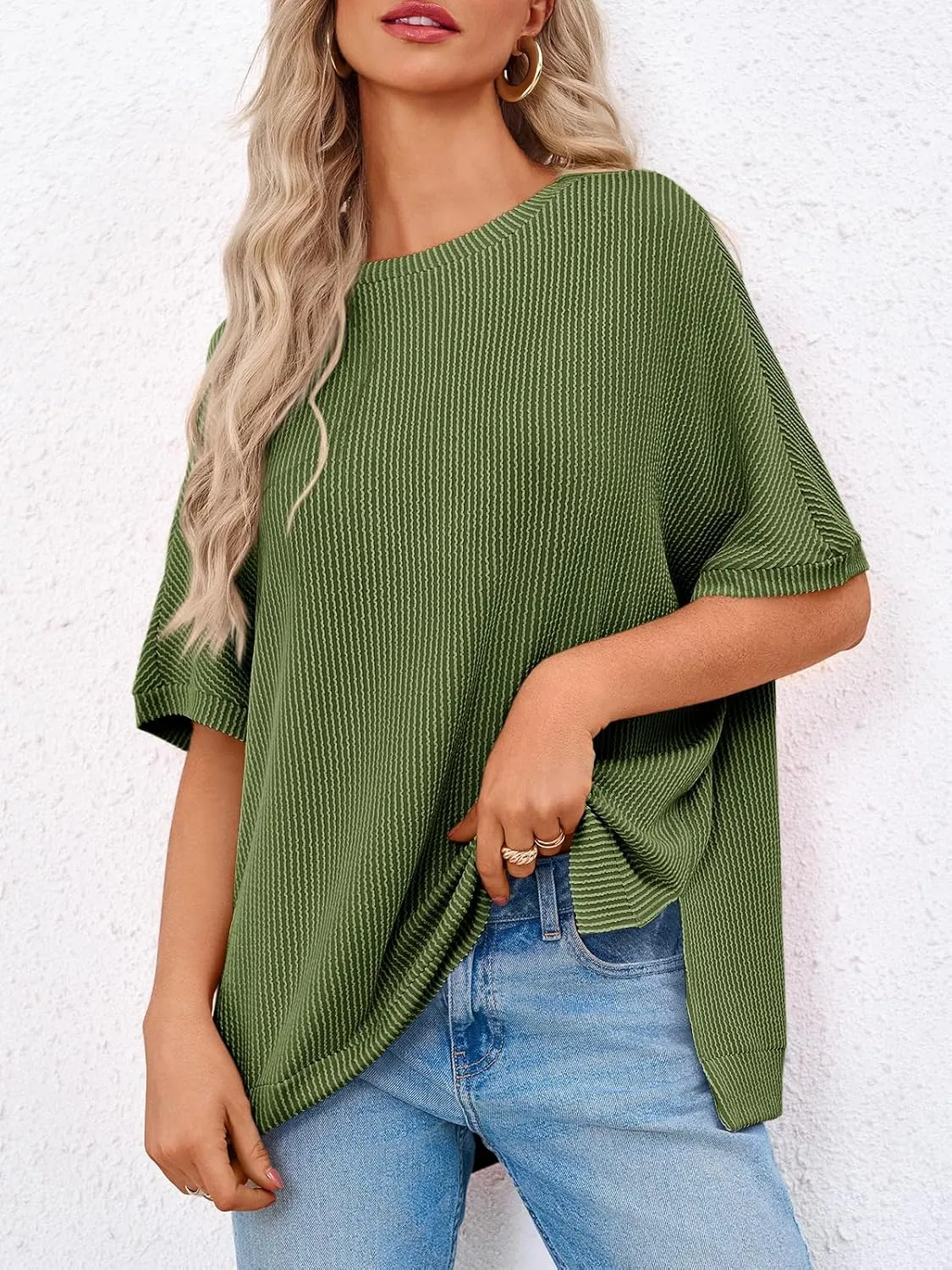 Tankaneo Womens Oversized T Shirts Summer Casual Ribbed Batwing Short Sleeve Tunic Tops Loose Fit Dolman Sleeve Tees