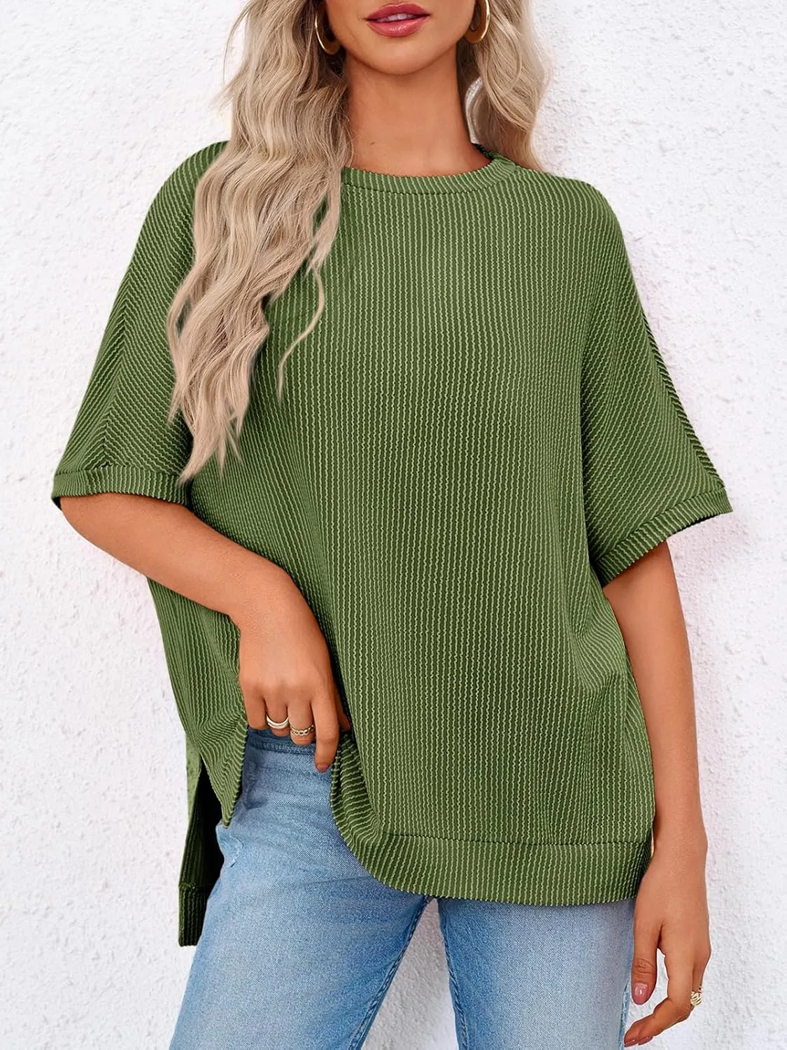Tankaneo Womens Oversized T Shirts Summer Casual Ribbed Batwing Short Sleeve Tunic Tops Loose Fit Dolman Sleeve Tees