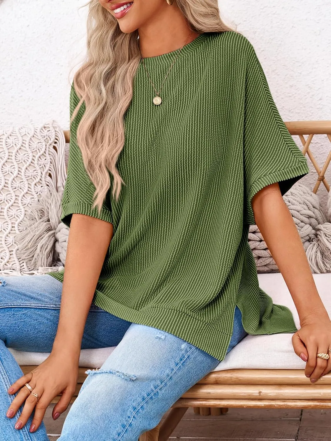 Tankaneo Womens Oversized T Shirts Summer Casual Ribbed Batwing Short Sleeve Tunic Tops Loose Fit Dolman Sleeve Tees