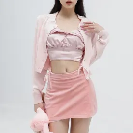 The Color of Rose Petals    Top with Optional Bottom & Cardigan Set Kawaii Academia Y2K Cottagecore Coquette Fairycore Dollette Princesscore Bottoms