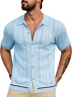 URRU Men's Knit Button Down Polo Shirt Short Sleeve Vintage Casual Summer Beach Tops