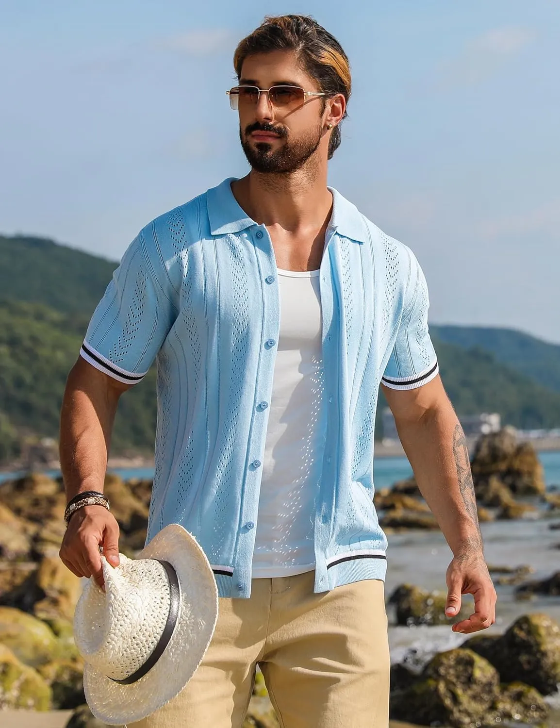 URRU Men's Knit Button Down Polo Shirt Short Sleeve Vintage Casual Summer Beach Tops