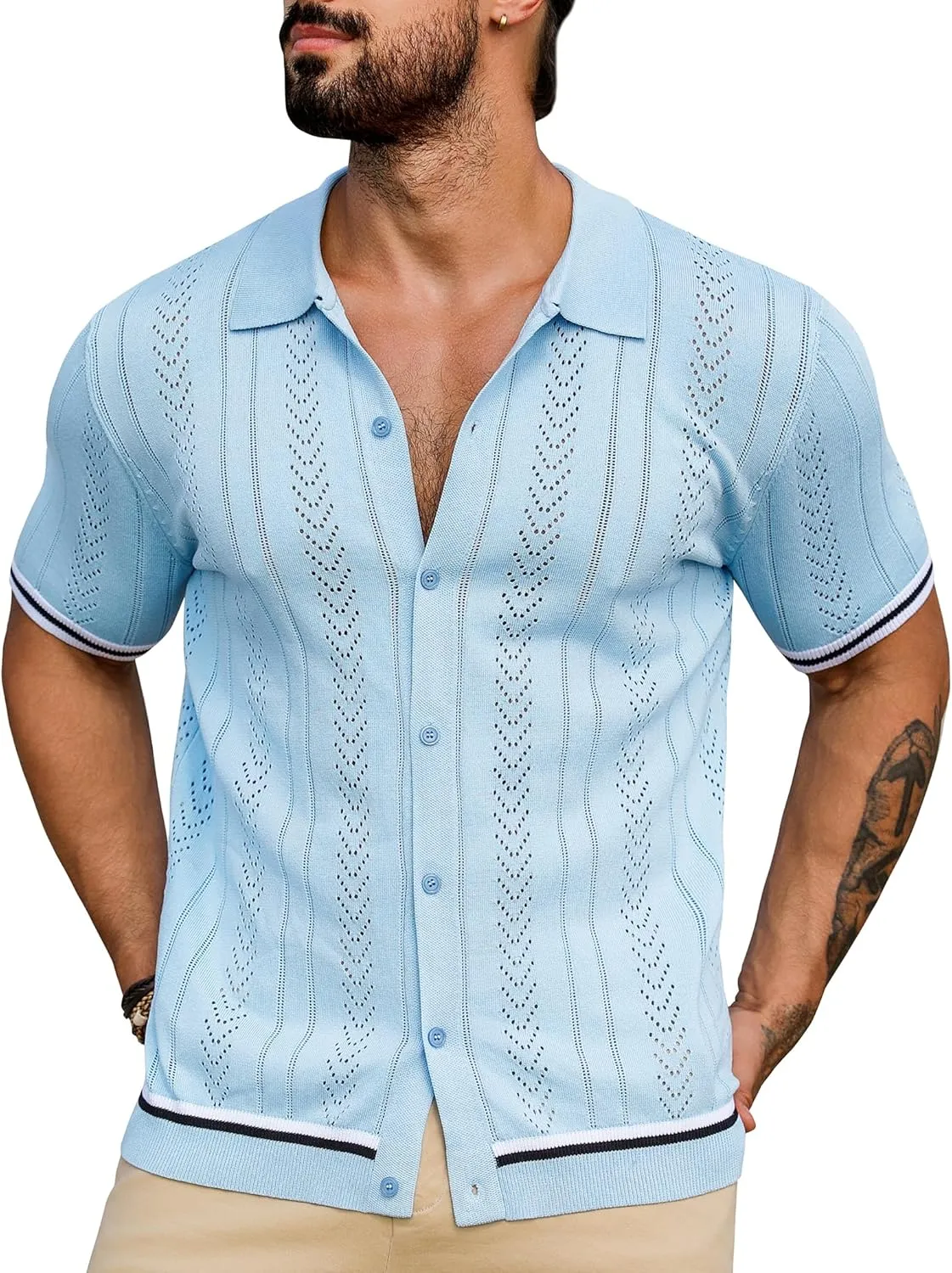 URRU Men's Knit Button Down Polo Shirt Short Sleeve Vintage Casual Summer Beach Tops