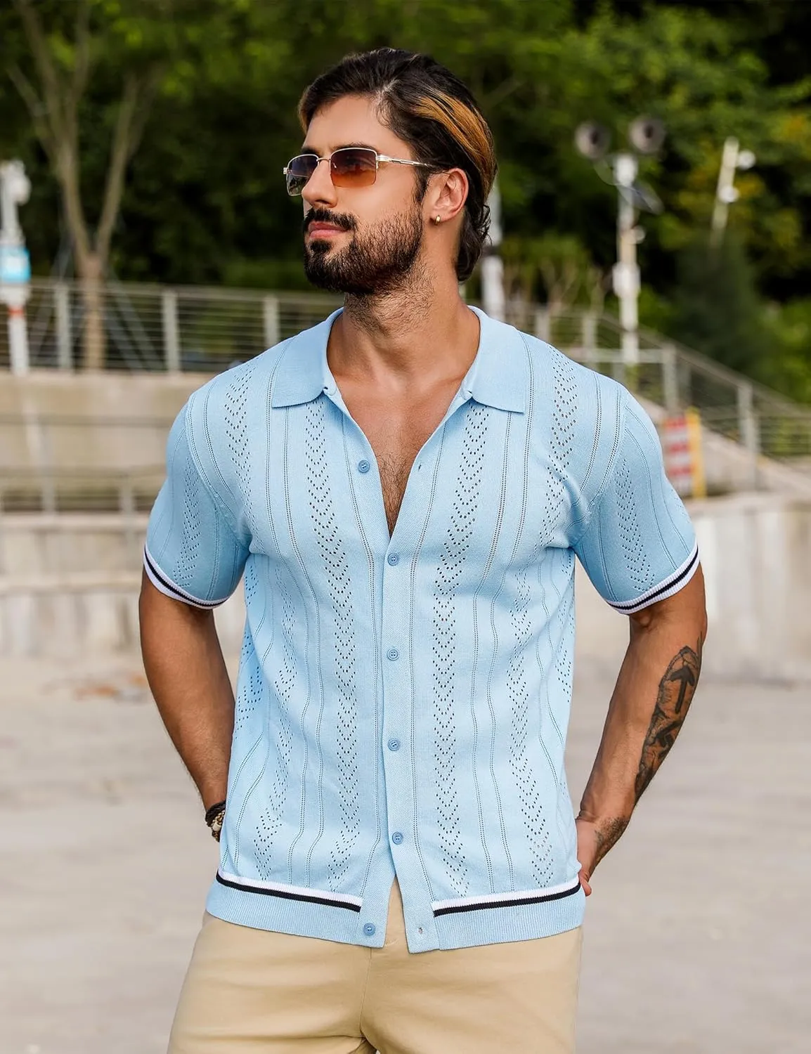 URRU Men's Knit Button Down Polo Shirt Short Sleeve Vintage Casual Summer Beach Tops