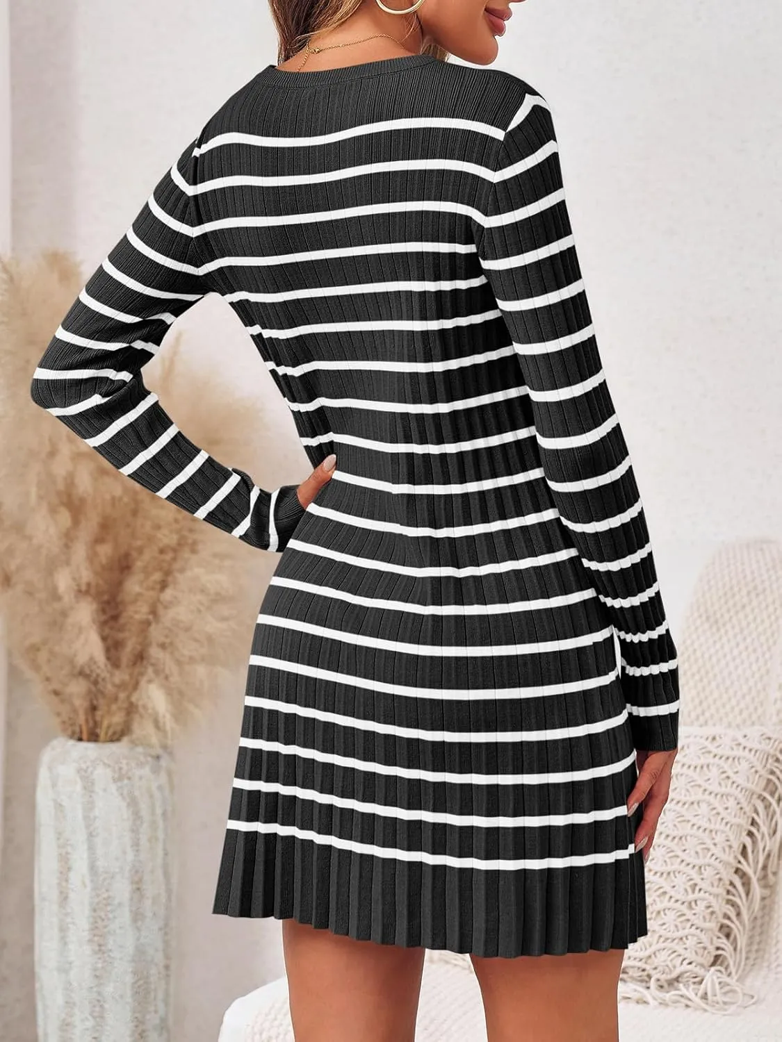 Wenrine Womens Striped Sweater Dress Casual Long Sleeve Loose Ribbed Knit Mini Dresses