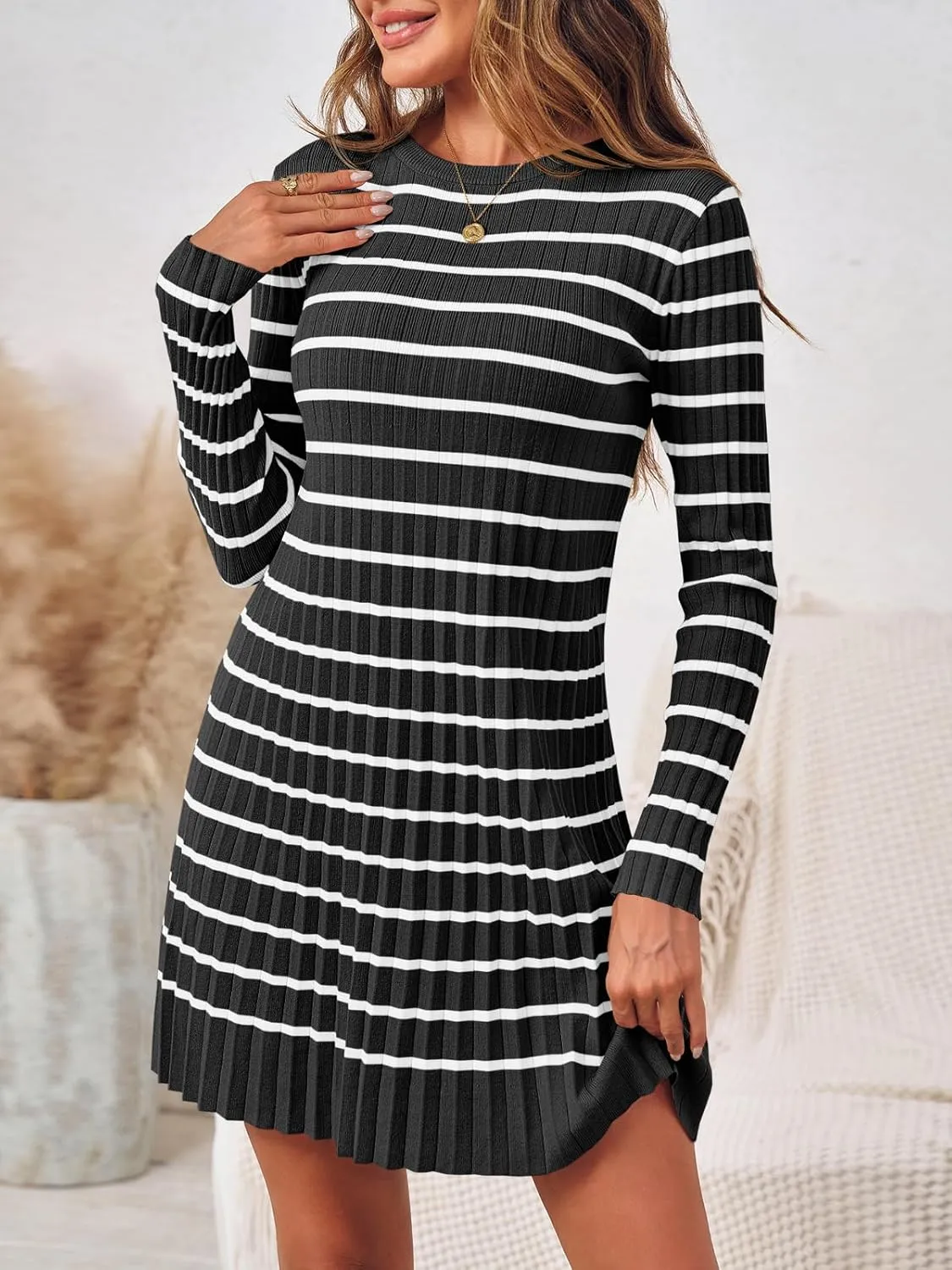 Wenrine Womens Striped Sweater Dress Casual Long Sleeve Loose Ribbed Knit Mini Dresses