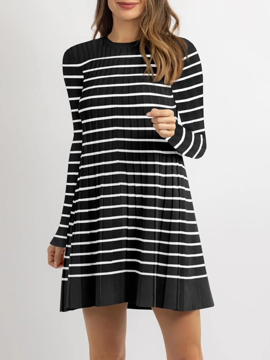 Wenrine Womens Striped Sweater Dress Casual Long Sleeve Loose Ribbed Knit Mini Dresses