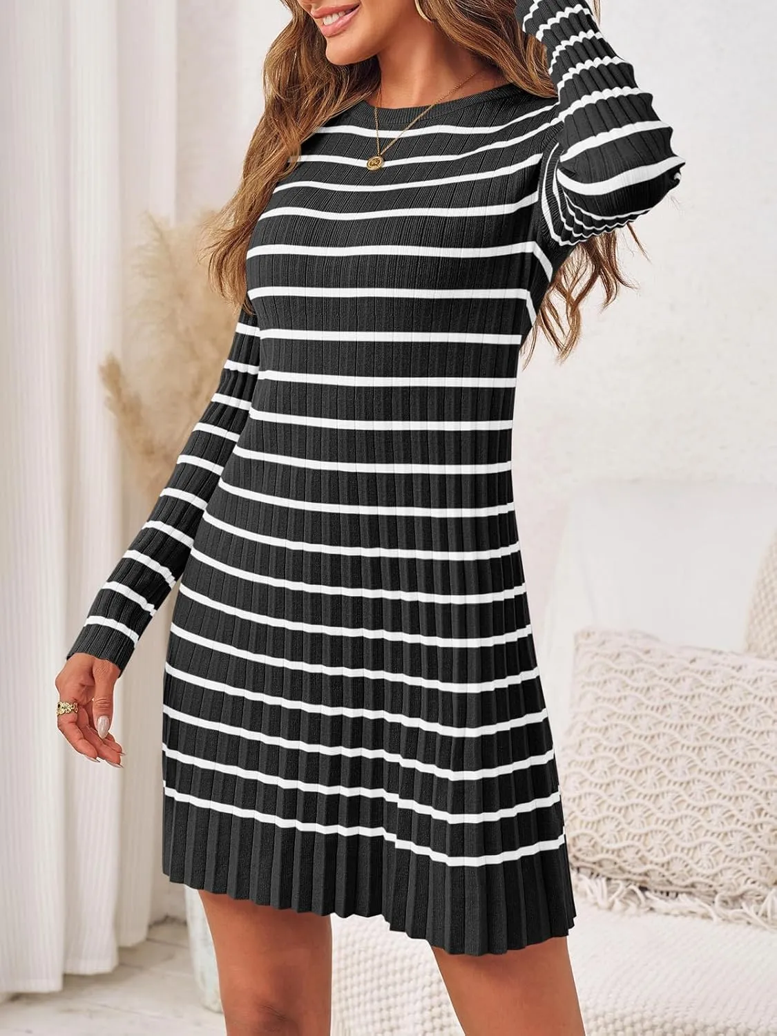 Wenrine Womens Striped Sweater Dress Casual Long Sleeve Loose Ribbed Knit Mini Dresses
