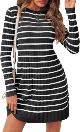 Wenrine Womens Striped Sweater Dress Casual Long Sleeve Loose Ribbed Knit Mini Dresses
