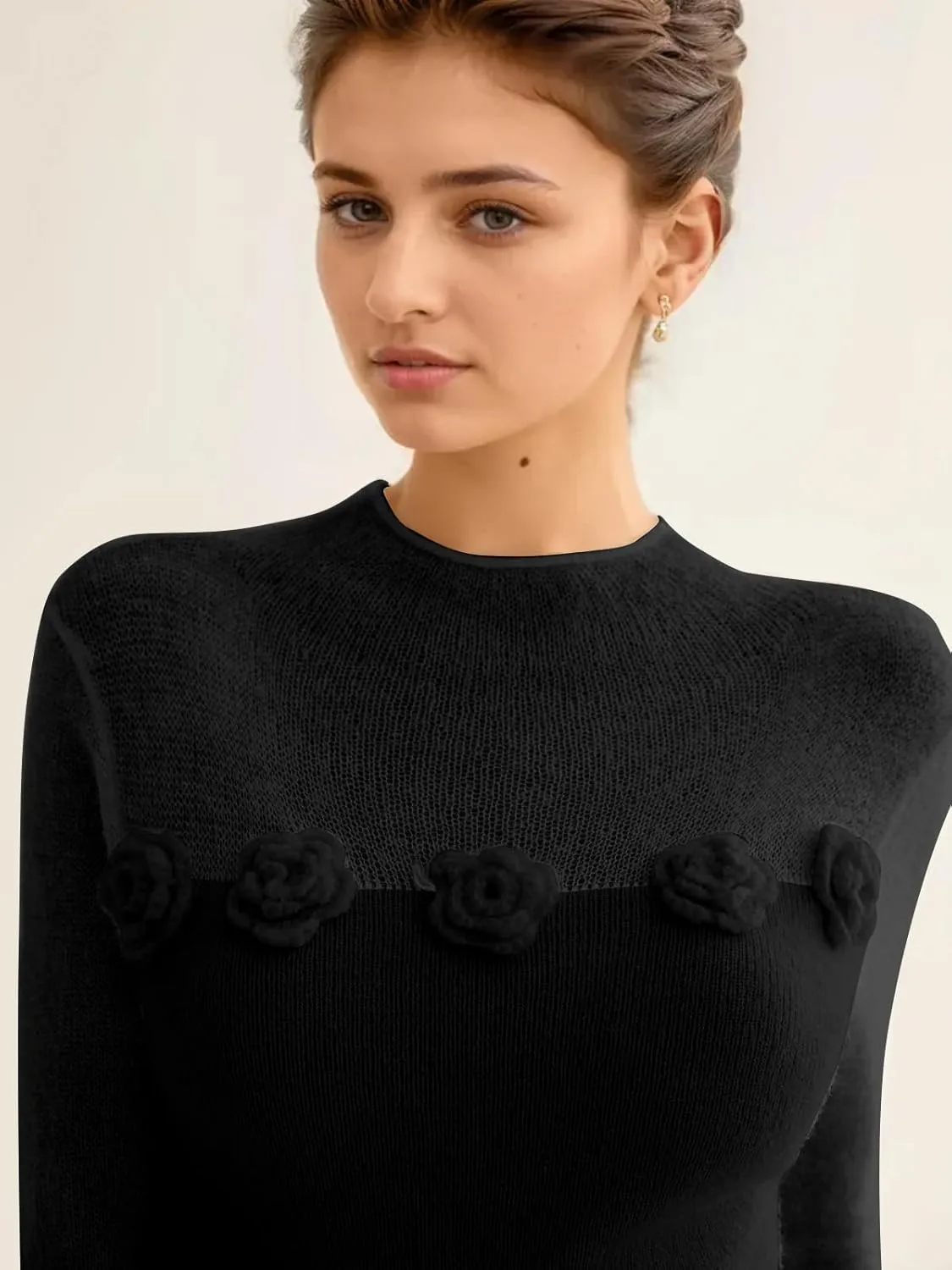 Women 3D Flower Panel Soft Knit Long Sleeve Mock Neck Sheer Mesh Solid Slim Sexy Tee Shirt Blouse Going Out Top